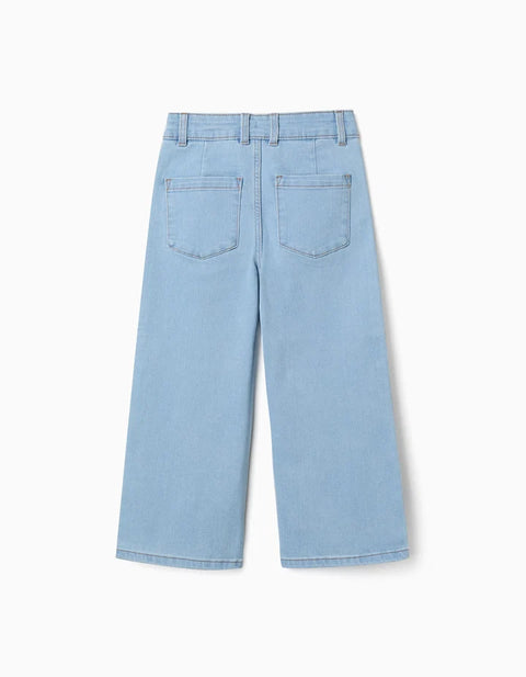 Wide Leg Jeans with Front and Back Pockets for Girls, Light Blue