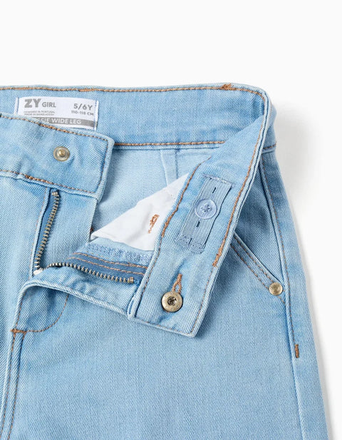 Wide Leg Jeans with Front and Back Pockets for Girls, Light Blue