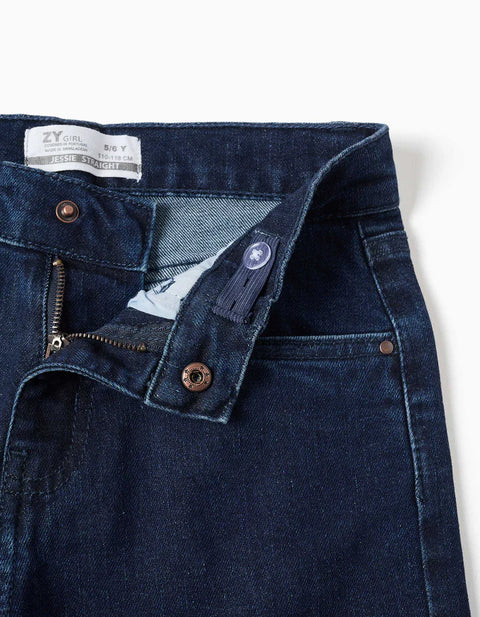Straight Fit Denim Trousers with 5 Pockets for Girls, Dark Blue