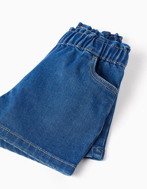 Denim Shorts with Paperbag Waistband for Baby Girls, Dark Blue