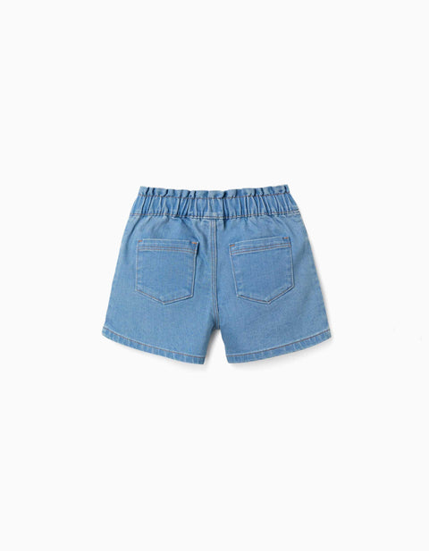 Denim Shorts with Paperbag Waistband for Girls, Light Blue