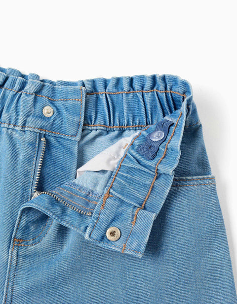 Denim Shorts with Paperbag Waistband for Girls, Light Blue
