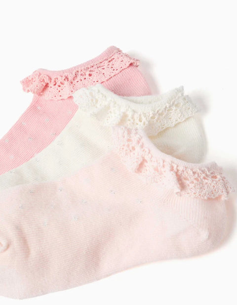 Pack of 3 Ankle Socks with Lace and Lurex Detail for Girls, Pink/White