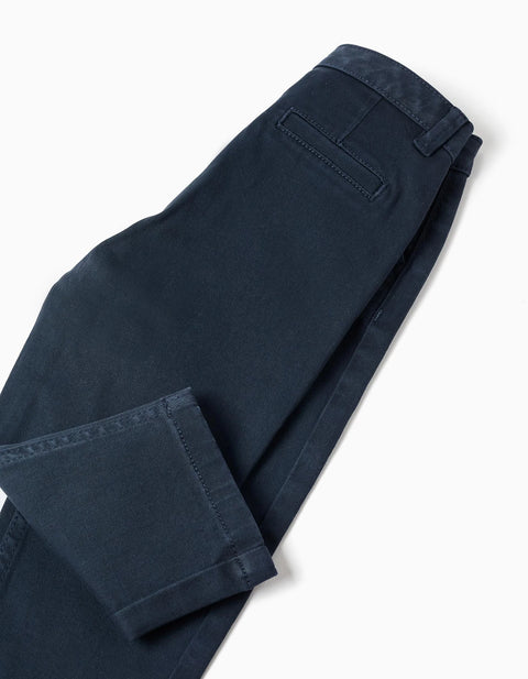 Slim Twill Chino Trousers with Pockets for Baby Boys, Dark Blue