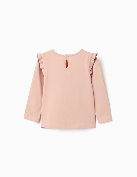 Long Sleeve T-Shirt with Ruffles and Embroidery for Girls, Light Pink