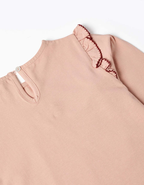 Long Sleeve T-Shirt with Ruffles and Embroidery for Girls, Light Pink