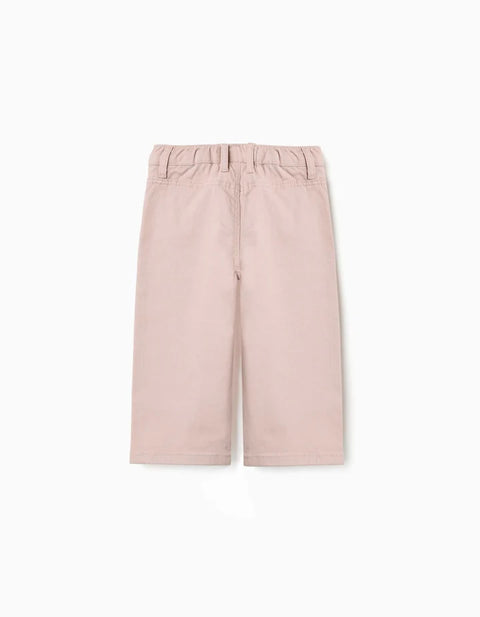 Wide Leg Twill Trousers with Front Pockets for Baby Girls, Light Pink