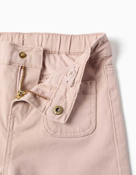 Wide Leg Twill Trousers with Front Pockets for Baby Girls, Light Pink