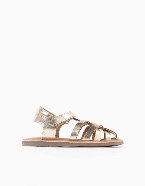Leather Fisherman Sandals with Crossed Straps for Girls, Gold