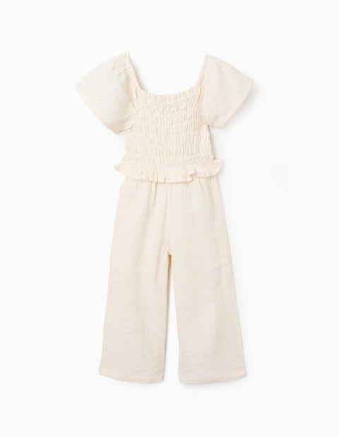 Wide Leg Cotton Jumpsuit in Broderie Anglaise for Girls, Light Beige