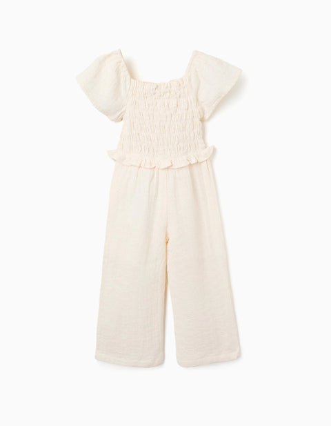 Wide Leg Cotton Jumpsuit in Broderie Anglaise for Girls, Light Beige