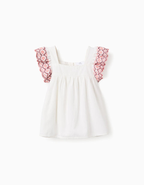 Blouse in Linen and Cotton with Ruffles for Girls, White/Pink