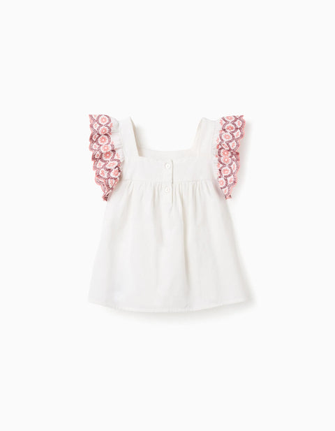 Blouse in Linen and Cotton with Ruffles for Girls, White/Pink