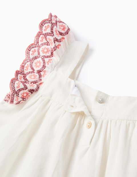 Blouse in Linen and Cotton with Ruffles for Girls, White/Pink